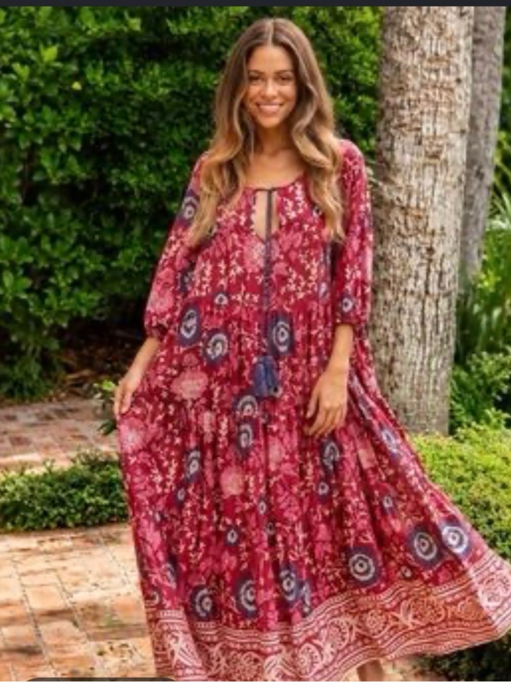 NEW. NATURAL LIFE Red Floral Boho Maxi Dress with Navy Accents